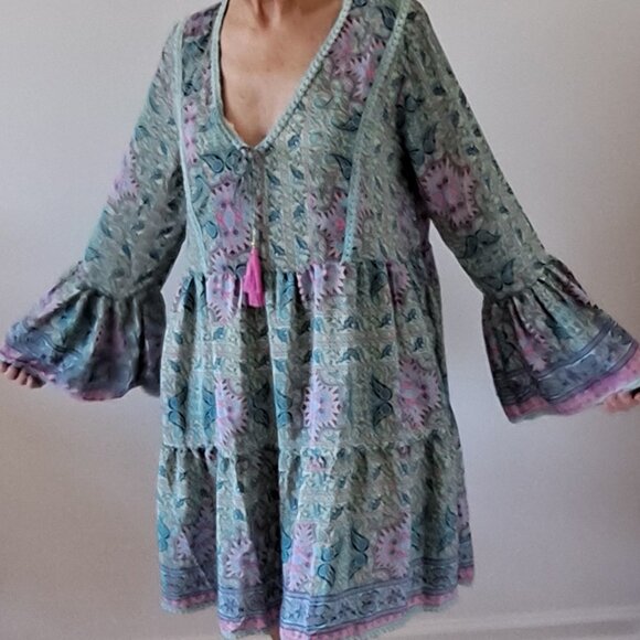 Bohemian Style Print Dress Bell Sleeve V-Neck Tassels Ribbon Made in India OS - Picture 5 of 14